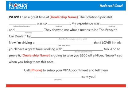 Mad Lib Referral Cards - People's Car Dealer