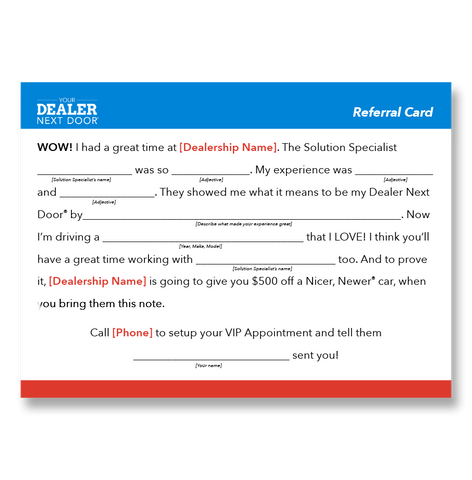 Mad Lib Referral Cards - Dealer Next Door